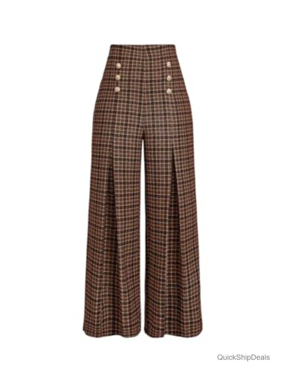 Plus Size Plaid Wide Leg Pants High Waisted Trousers Button Front Palazzo Pants